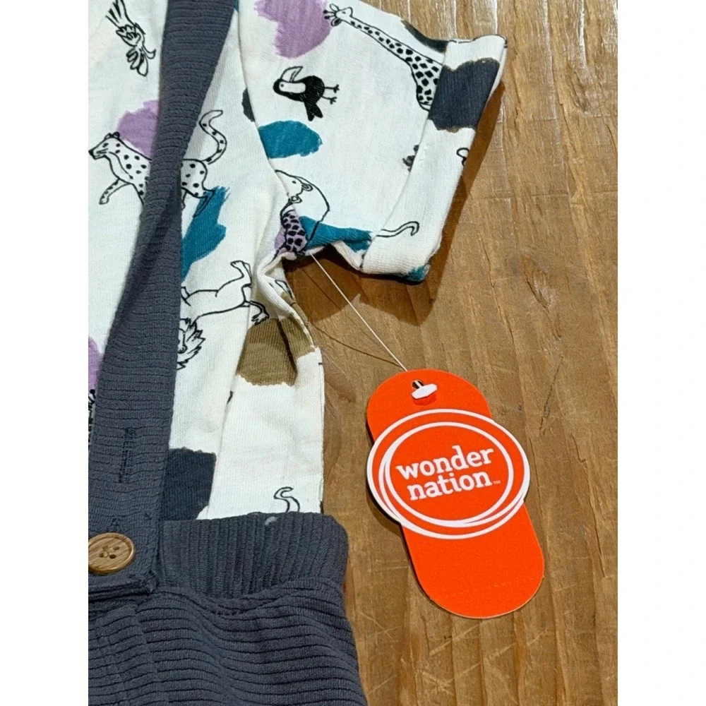 NWT Wonder Nation Baby Boys 24M 2Pcs Outfit Animal‎ AOP Shirt & Suspender Pants